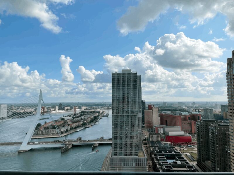 Aerial view of Rotterdam skyline with Erasmus Bridge and river