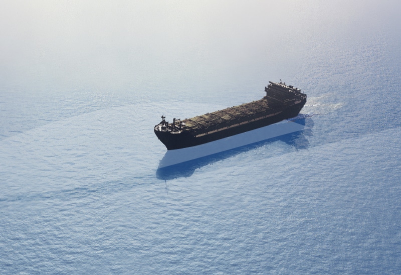 Aerial view of large cargo ship sailing on open ocean
